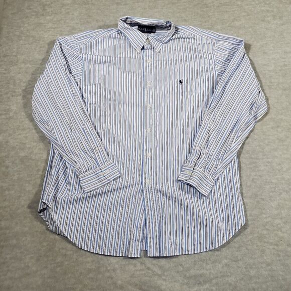 Ralph Lauren Shirt Mens 17.5 White Blue Striped Dress Classic Fit Button Down - Picture 1 of 10
